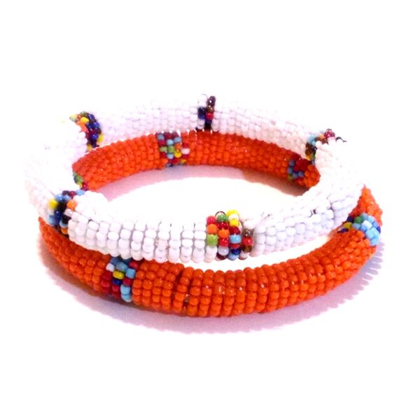 Pair of Wrapped Seed Bead Bangle Bracelets in Orange and White - Picture 1 of 4